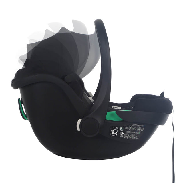 phil&teds alpha i-size infant car seat side view with ghosted sun hood_black-charcoal
