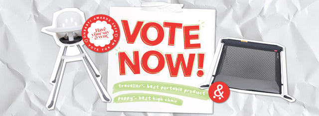 vote now banner showing poppy™ highchair and traveller™ travel cot, parenting products nominated for the OHbaby! Awards 2024