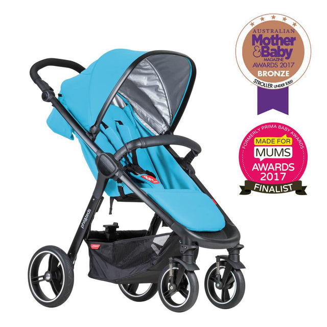 phil&teds smart stroller v3 cyan blue lightweight travel mother and baby award winner 3qtr view_cyan