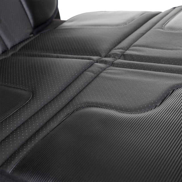 phil&teds® vehicle seat mate™ fabric close-up to highilght wipe clean PU leather and quilted padding for extra protection_black