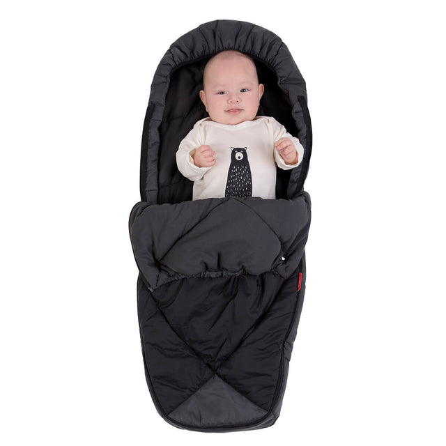 phil&teds snuggle & snooze sleeping bag top rolled down with baby in blue top view_charcoal