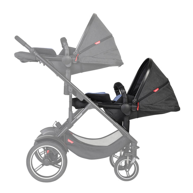 phil&teds voyager inline buggy in double or twin newborn mode both seats parent facing highlighting double kit accessory - side view_sky
