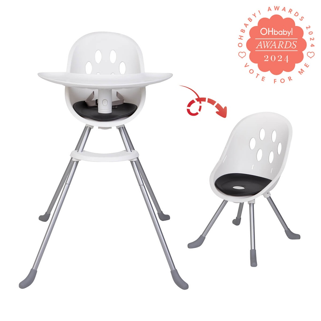 front view of poppy metal modular highchair for child feeding time - highchair to my chair for big kids - OHbaby award nominee badge
