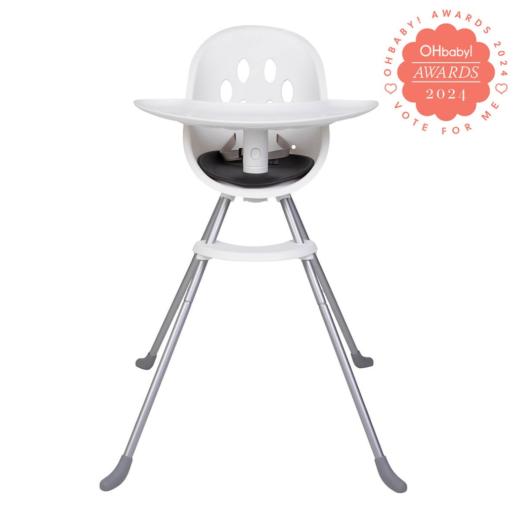 front view of poppy metal modular highchair for child feeding time - highchair to mychair for big kids -OHbaby award nominee badge