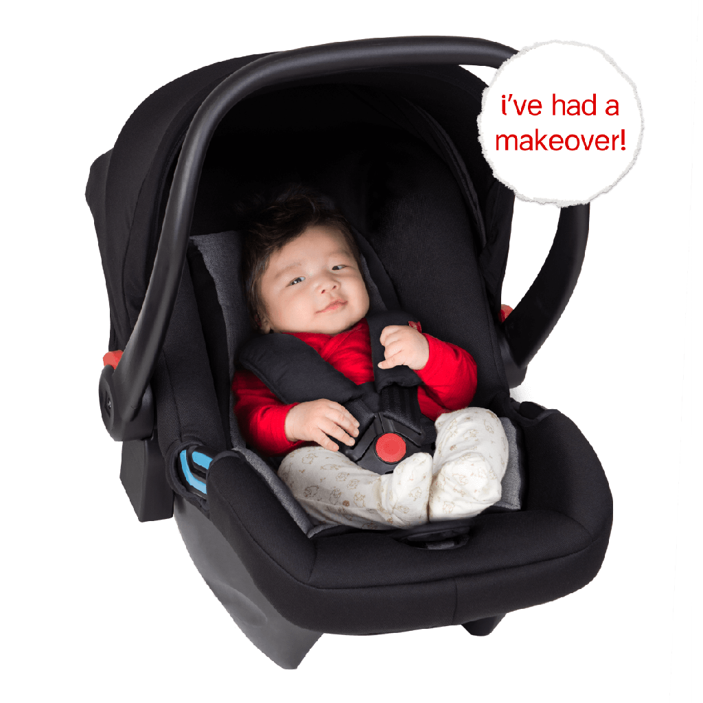 phil&teds alpha infant car seat shown with a cute baby safely harnessed into the capsule