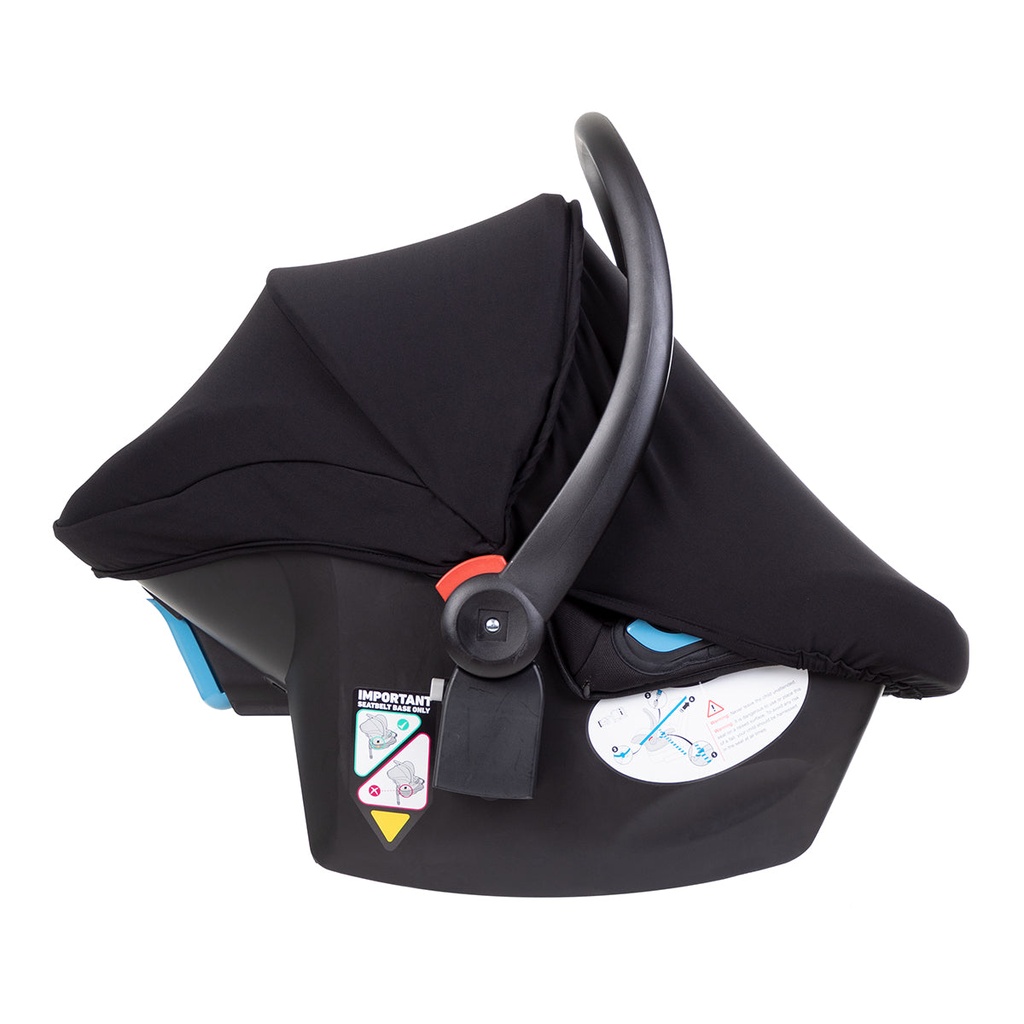 alpha infant car seat shown side on with the attached UPF50+ sun cover extended over the car seat