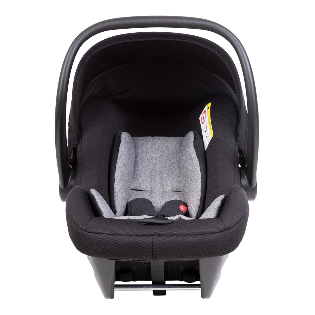 alpha infant car seat shown from the front, with handle in the upright carrying position, showing the cushioning grey marl liner