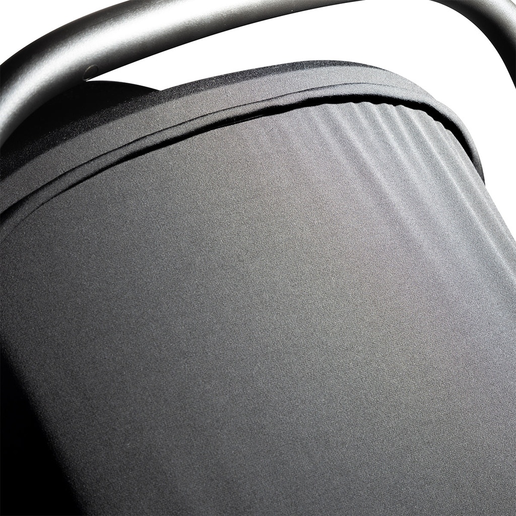alpha infant car seat top view showing close up of the soft blackout UPF50+ fabric sun cover in place