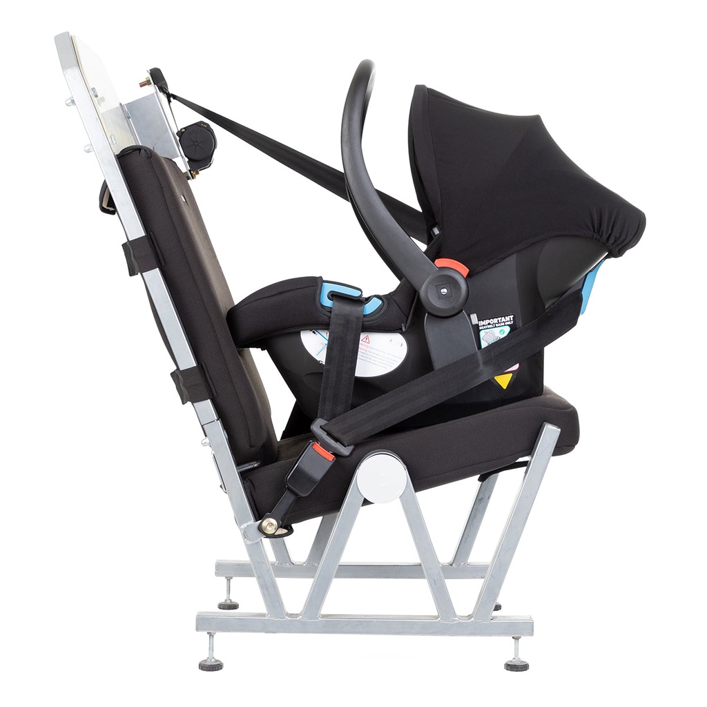 alpha infant car seat shown on a car seat demonstrating safe attachment in your vehicle using only your car's seat belt
