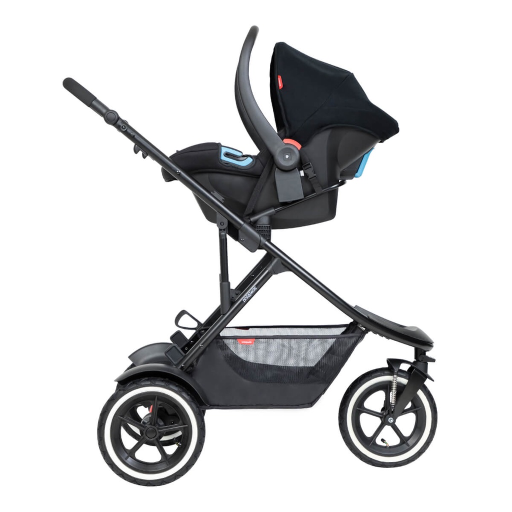 alpha infant car seat shown as a travel system using optional travel adaptors on a phil&teds sport buggy