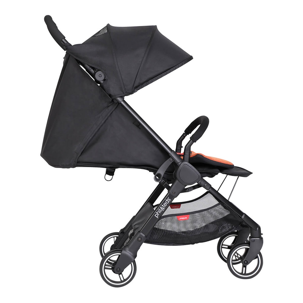 go 2020+ compact umbrella stroller in full lie flat showing footrest from side on