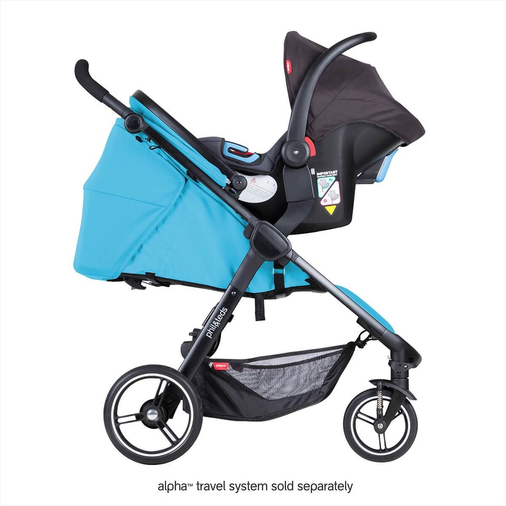 phil&teds smart stroller v3 cyan blue with alpha carseat side view